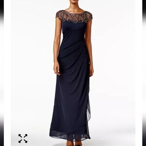$249 XSCAPE Women Embellished Illusion Draped Gown Sz 6 Blue Wedding Party